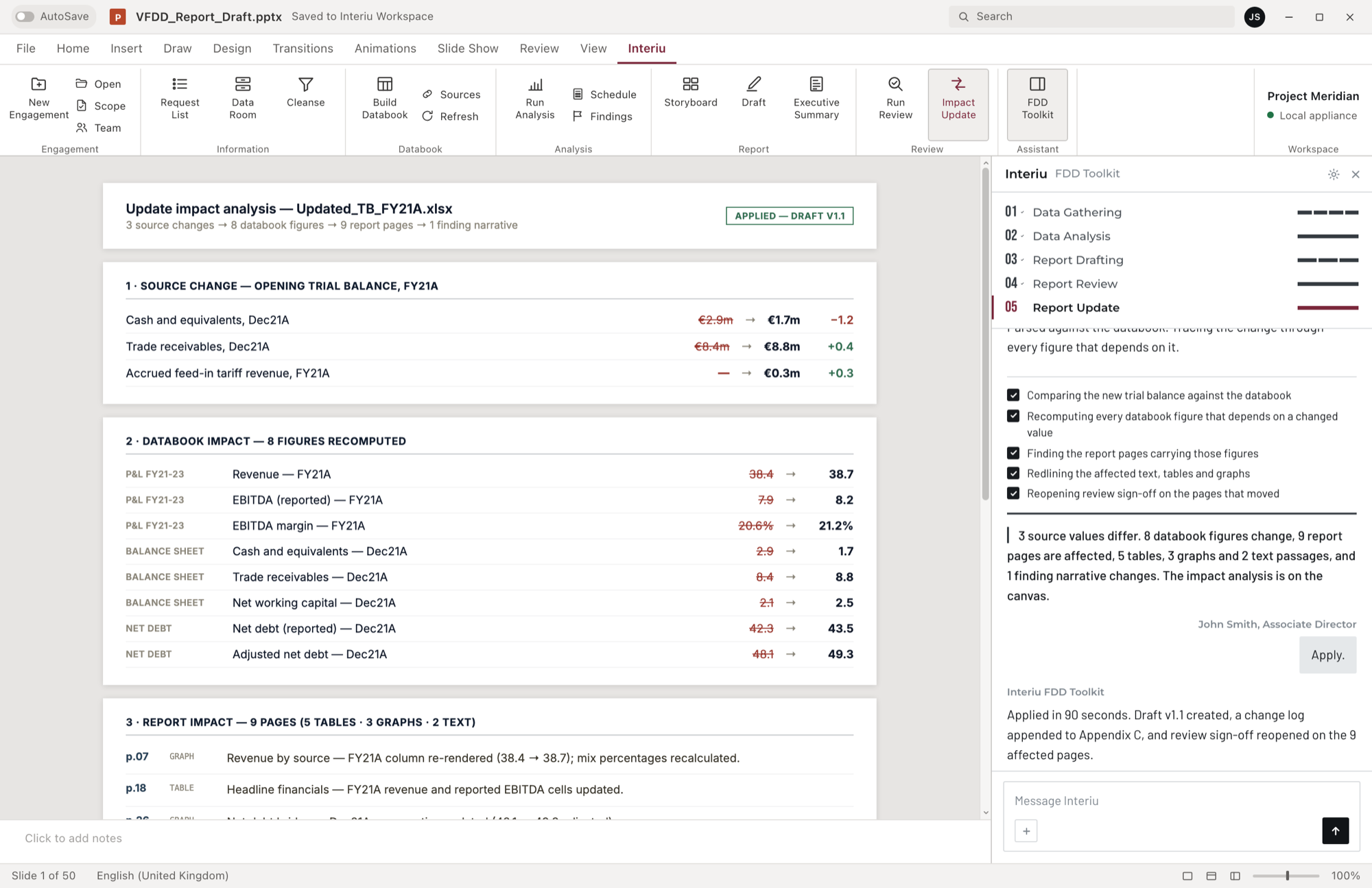The DD Toolkit inside PowerPoint, tracing a corrected trial balance: three source changes recomputed through eight databook figures and nine report pages, with the superseded values struck through.